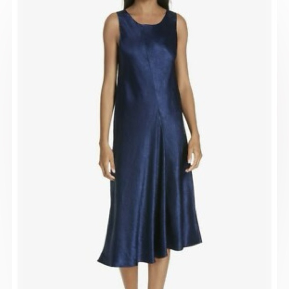 Vince Sleeveless Asymmetrical Crinkled Satin Midi Dress in Midnight Blue Large